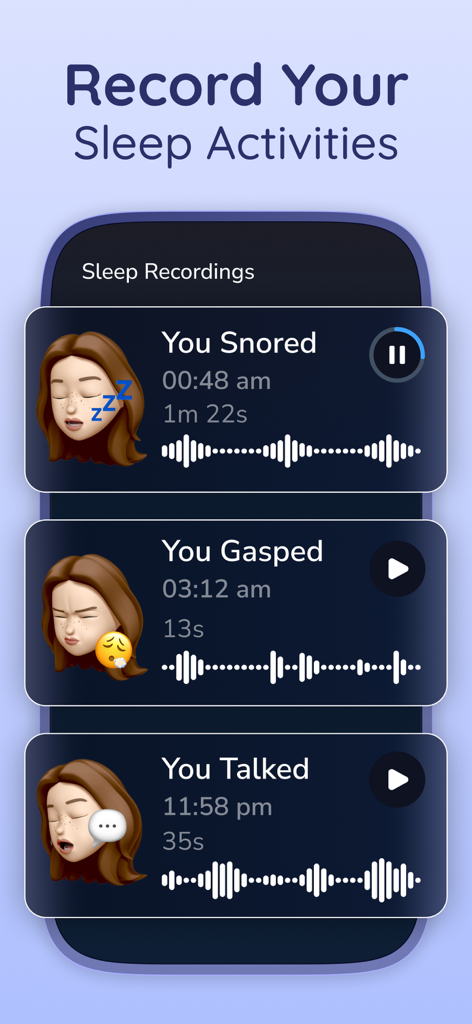 Pantalla del móvil que muestra grabaciones de sueño de ronquidos, jadeos y habla con formas de onda de audio