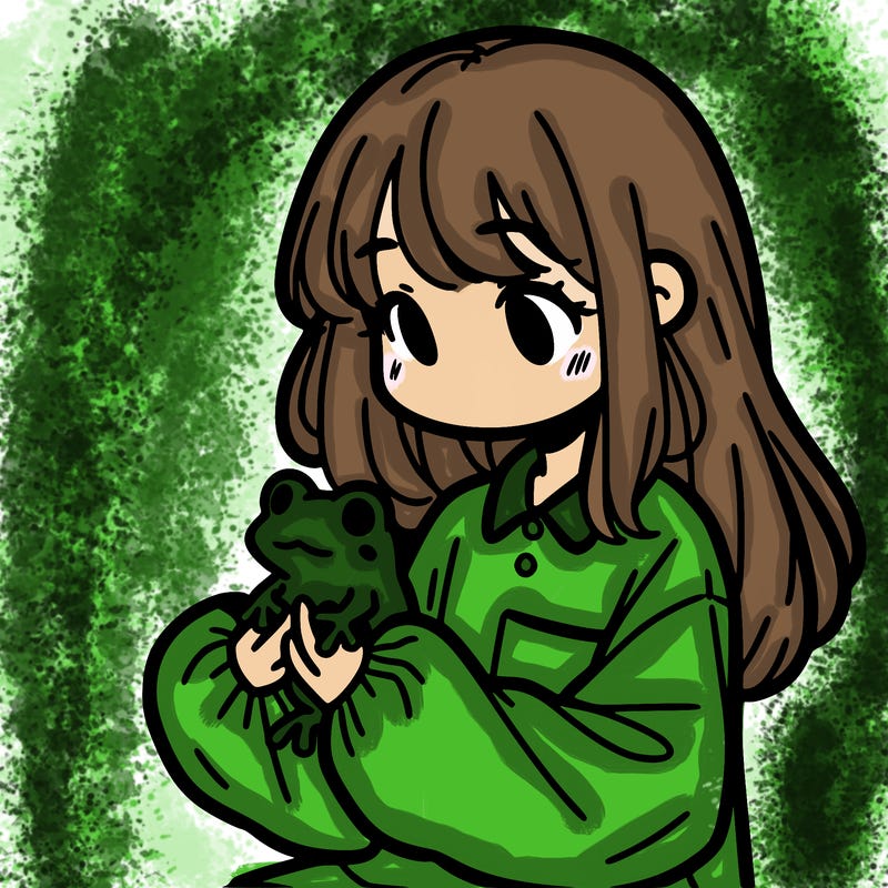 girl with long hair and a oversized shirt. and she is holding a frog