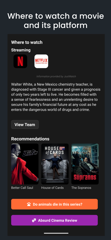 MisPelis - MyMovies - MisPelis app screen showing streaming platforms for a series with descriptions and movie recommendations