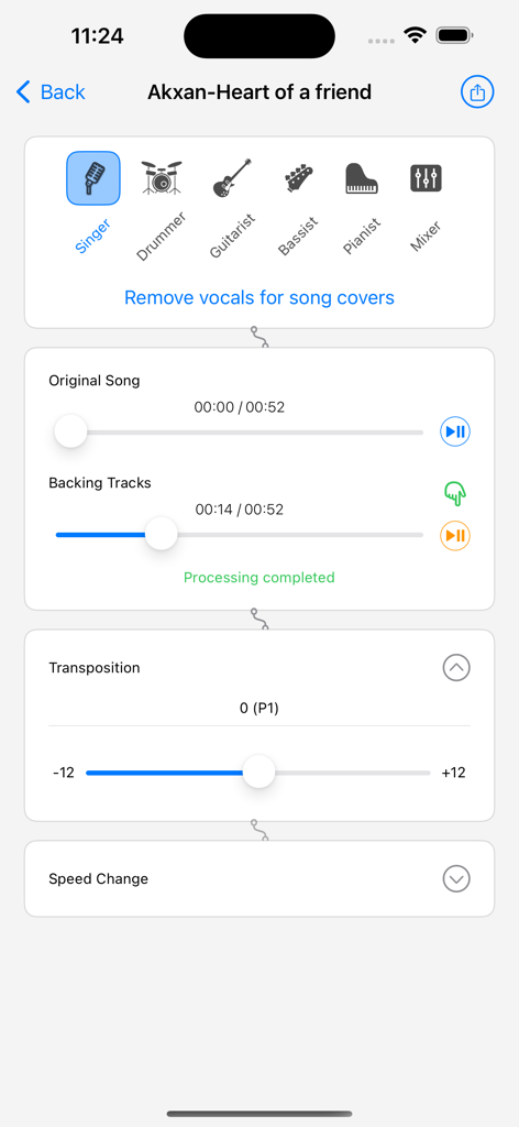 Music Backing Tracks - Interface of the Music Backing Tracks app showing features for vocal removal and pitch transposition