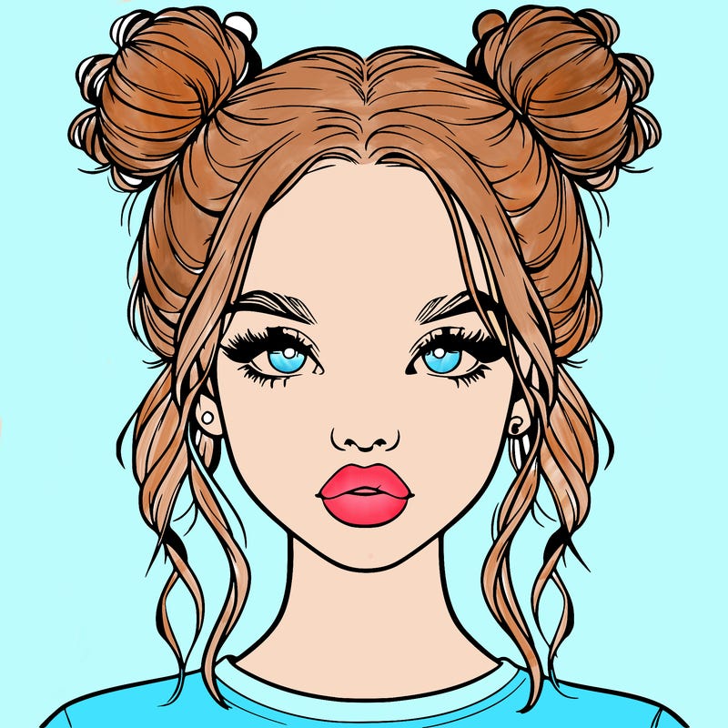 realistic girl with two buns in hair and lips