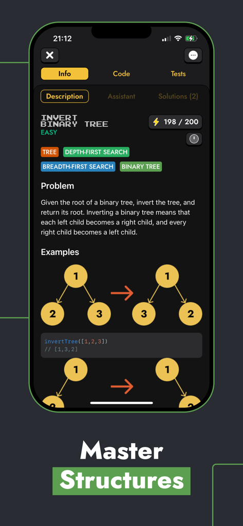 CodenQuest mobile app interface showing a binary tree coding challenge and data structure example