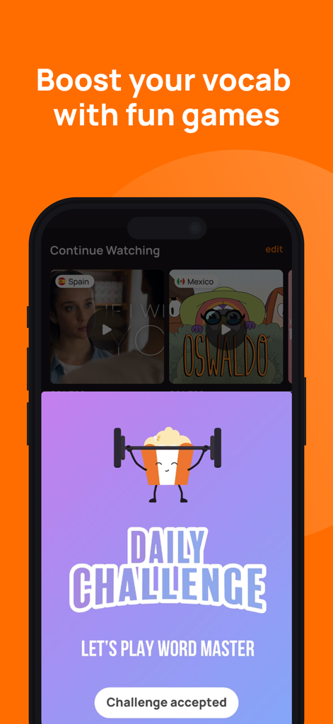 Lingopie: Learn a Language - Interface do aplicativo móvel Lingopie mostrando um jogo de desafio diário de vocabulário chamado Word Master.