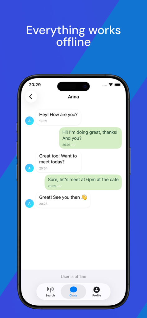 Proxima - Offline Messenger - A mobile screenshot of the Proxima app showing an offline chat conversation with a user named Anna.
