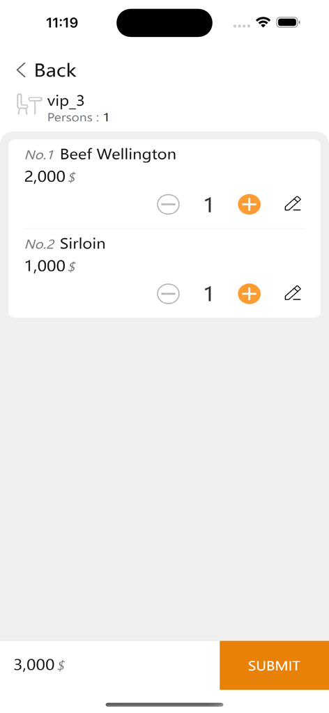 TK Waiter app interface showing a food order summary for tableside service
