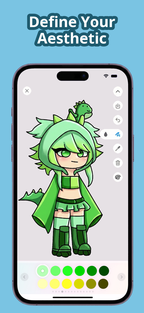 Chibi Coloring Book: Anime Art - A chibi anime character in a green dragon outfit being colored in a mobile app with a green palette
