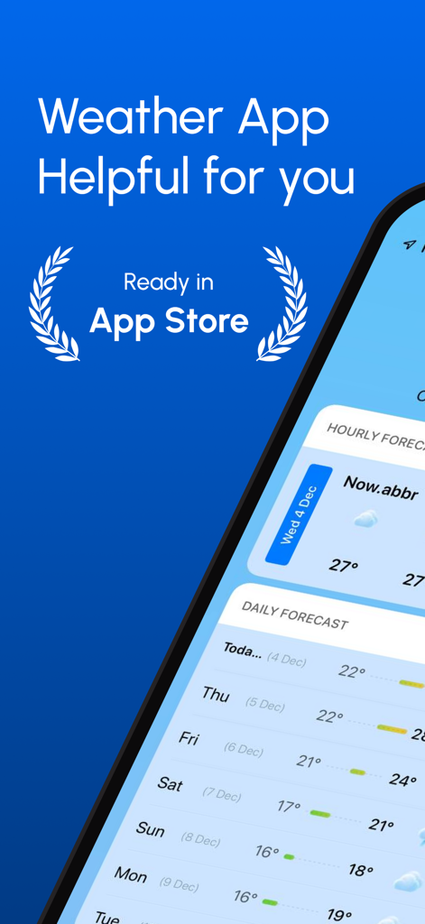 Hi Weather: Temperature Widget - User interface of the Hi Weather app showing hourly and daily temperature forecasts on an iPhone screen.