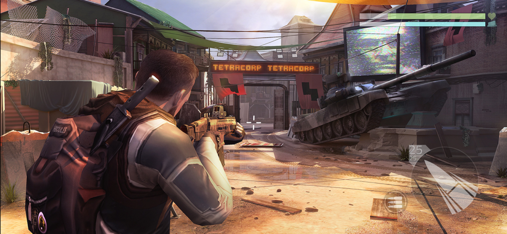 Cover Fire: Gun Shooting games - Captura de pantalla de la jugabilidad de Cover Fire que muestra a un soldado apuntando con un rifle en una zona de combate urbana