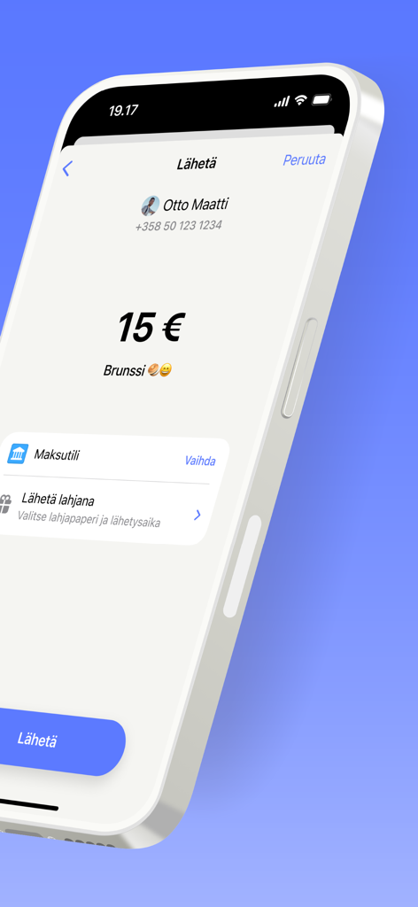 MobilePay app interface showing a 15 euro payment being sent to a contact for brunch