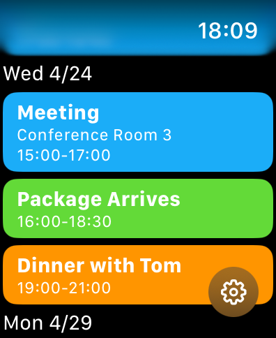 Apple Watch の画面に表示された、色分けされたカレンダーイベントとリマインダーのリスト