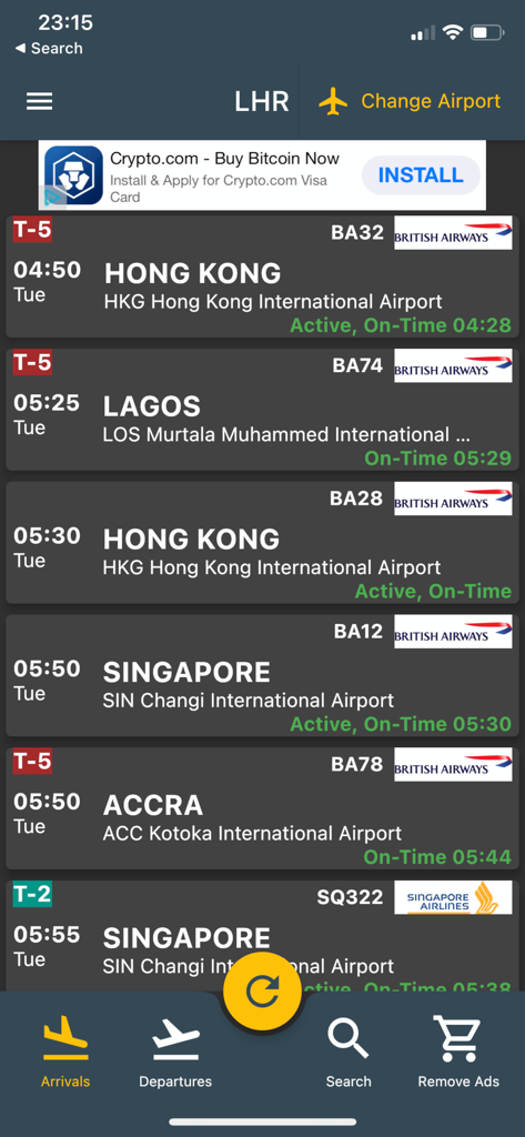 Screenshot of the Birmingham Airport Flights app arrivals board displaying status and terminal information for international flights