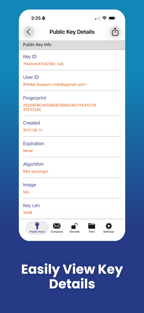 iPGMail - iPGMail mobile app screen showing public key information including Key ID, Fingerprint, and RSA algorithm details