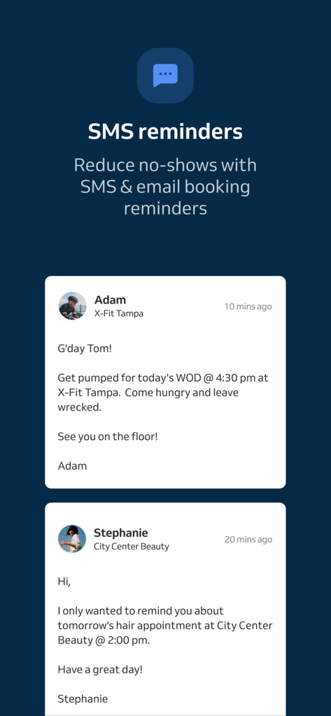 Écran affichant les rappels de réservation par SMS et e-mail de Reservio Business pour aider les prestataires de services à réduire les rendez-vous manqués par les clients