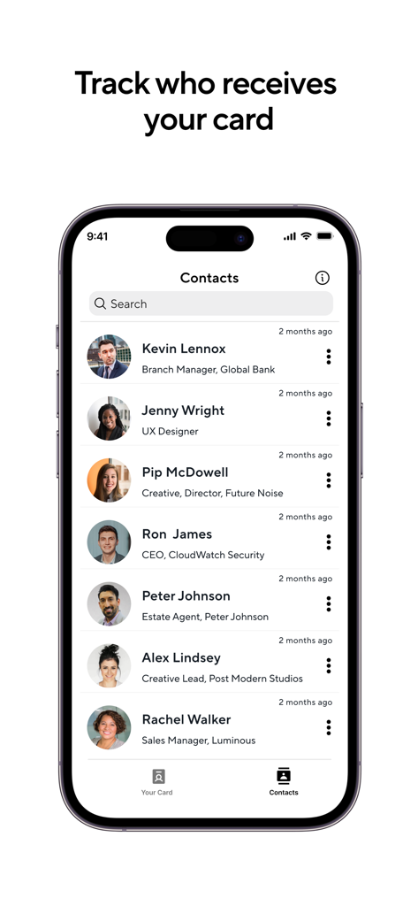 Blinq: Digital Business Card - Schermata dello smartphone che mostra un elenco di contatti professionali nell'app Blinq per biglietti da visita digitali