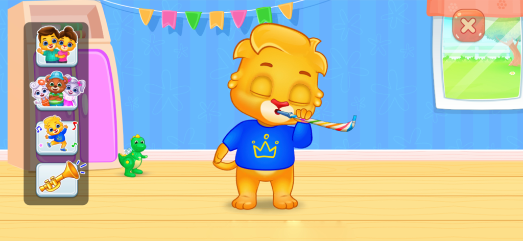 A cartoon lion character blowing a party horn with a menu of collectible stickers on the side
