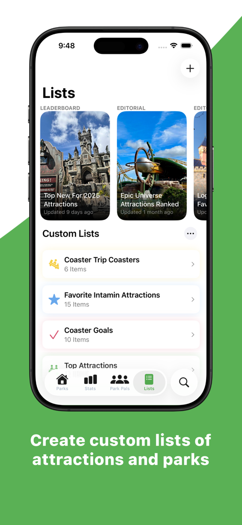 Interfaz de la aplicación LogRide que muestra listas editoriales y personalizadas de atracciones de parques temáticos y clasificaciones de montañas rusas