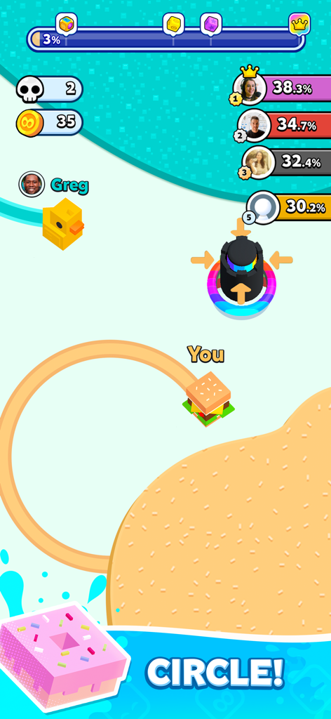 Gameplay de Paper.io 2 présentant un personnage sandwich dessinant un cercle pour conquérir du territoire