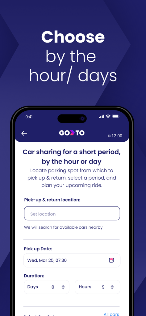 GoTo (CAR2GO) Shared Mobility - Interfaz de la aplicación móvil de carsharing GoTo mostrando opciones de reserva por horas y por días con campos de ubicación y duración