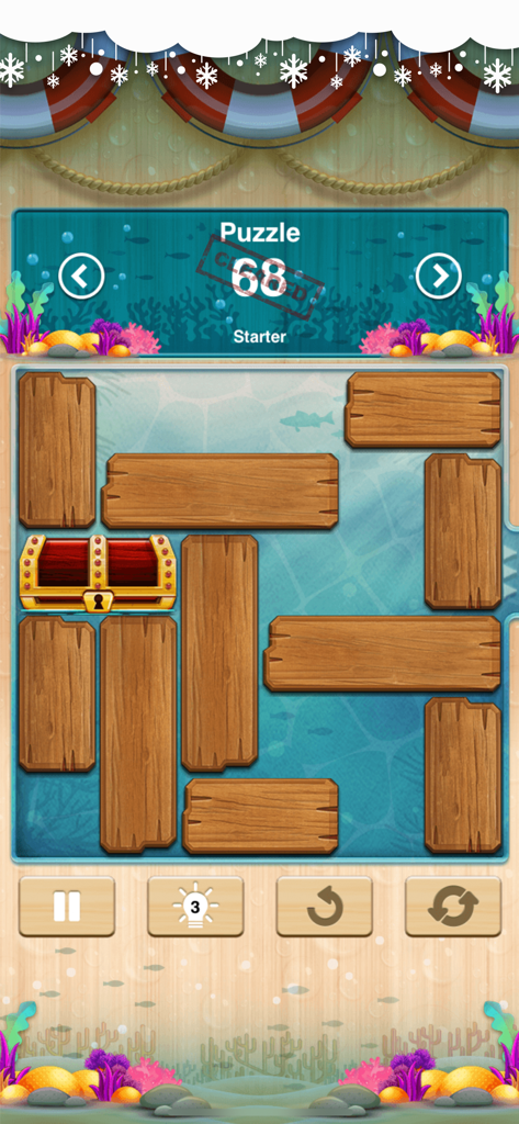 A logic puzzle level in Unblock Me Premium with wooden blocks and a red treasure chest on an underwater themed board.