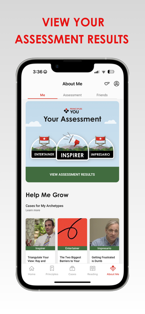 Principles In Action - Principles In Action app showing personality assessment results and personal growth archetypes.