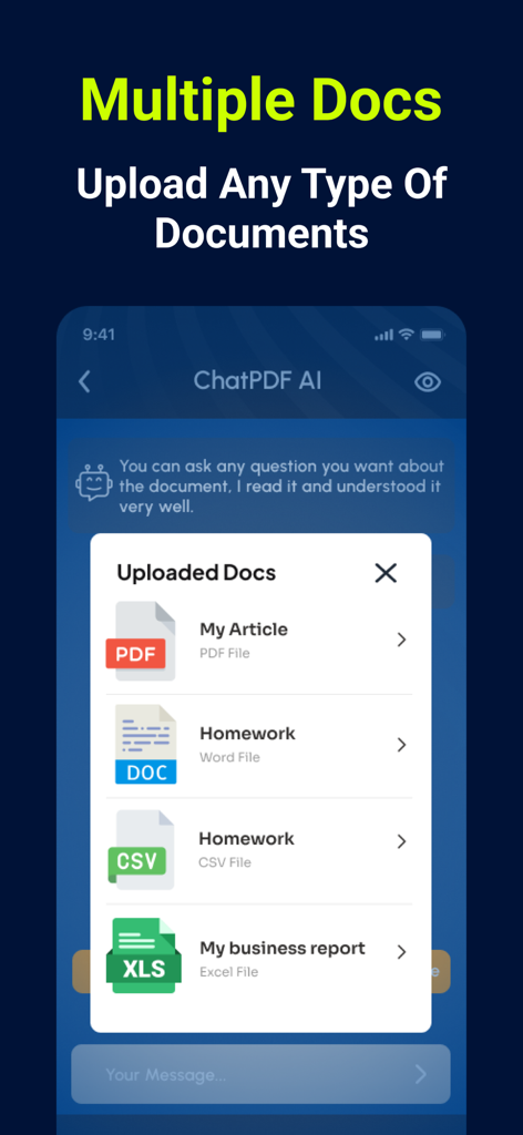 ChatPDF AI: Scan & Summarize - A mobile app interface showing a list of uploaded PDF Word CSV and Excel documents ready for AI analysis