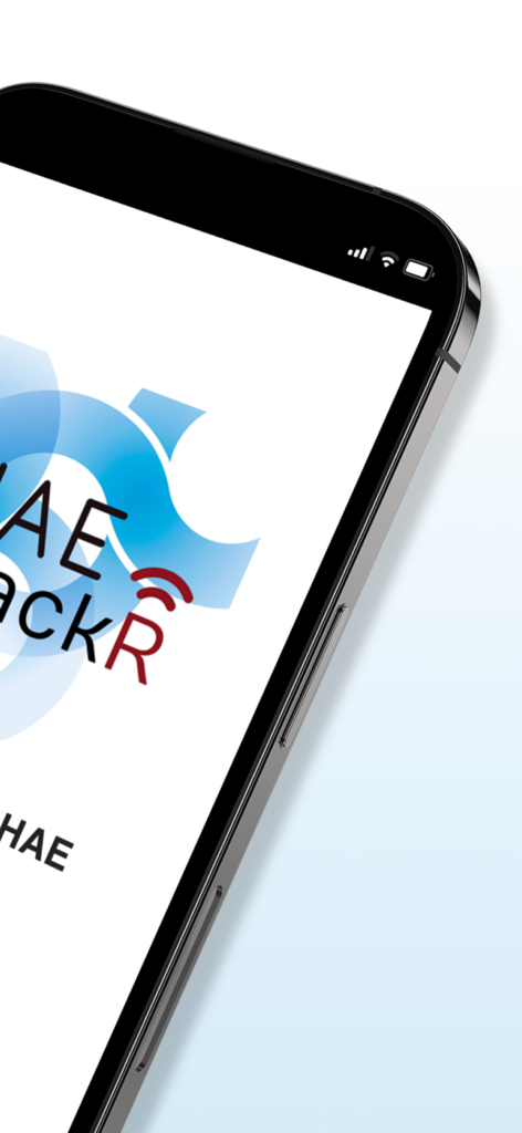 HAE TrackR mobile app logo displayed on a smartphone screen