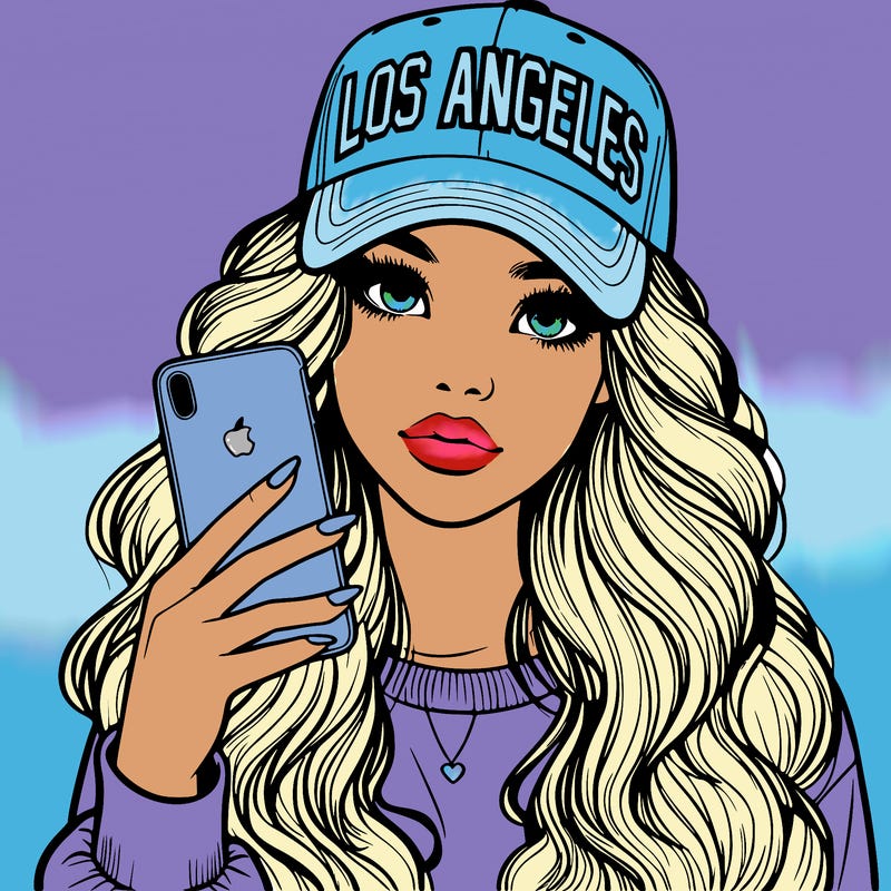 realistic beautiful girl wearing los ángeles cap holding an iphone
