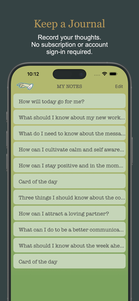 Tarot Simple: Cards & Readings - Interface of the Tarot Simple app showing a private journal with several recorded notes and questions