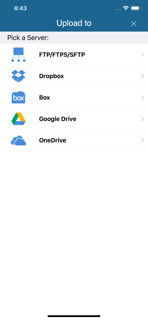 Interfaz de la aplicación iTransfer mostrando opciones de carga a servidores y almacenamiento en la nube como FTP SFTP Dropbox y Google Drive
