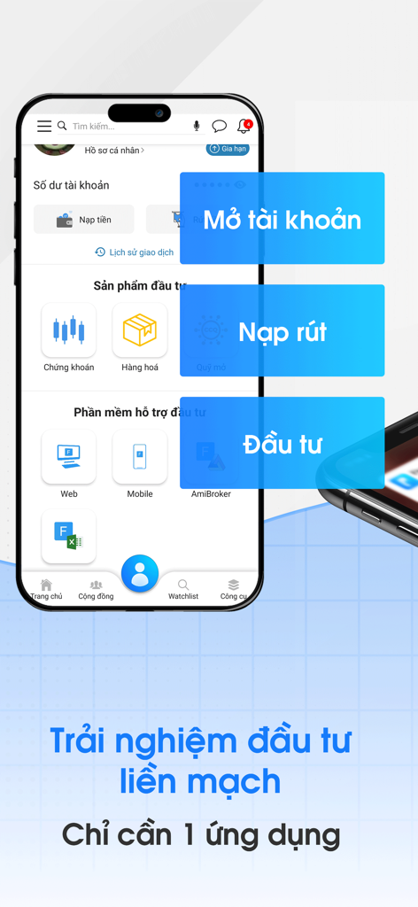 FireAnt - Đầu tư chứng khoán - Interfaz de la aplicación móvil FireAnt que muestra funciones de inversión fluidas y gestión de cuentas en vietnamita