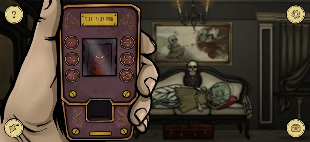 Room Escape: Strange Case 3 - Una mano sosteniendo el dispositivo de puzle Dice Caster 3000 en una habitación oscura con una criatura durmiendo en un sofá.