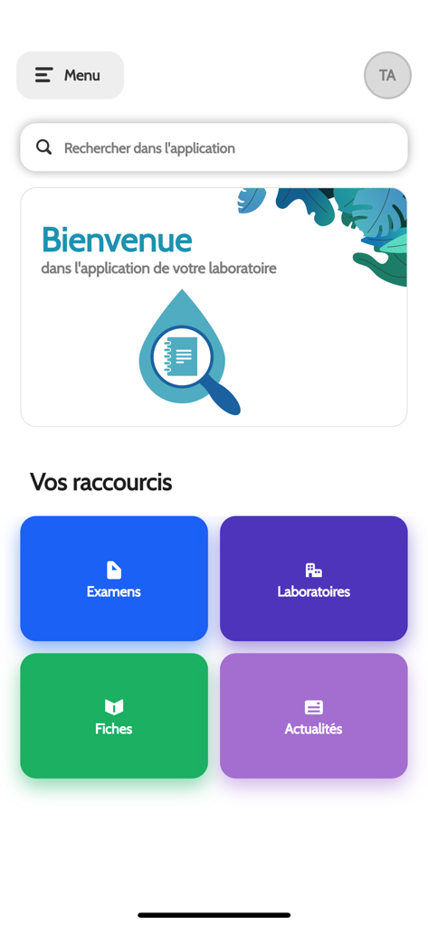 Écran d'accueil de l'application Catalogue Cerba présentant une barre de recherche et des raccourcis de menu pour les examens médicaux et les laboratoires.