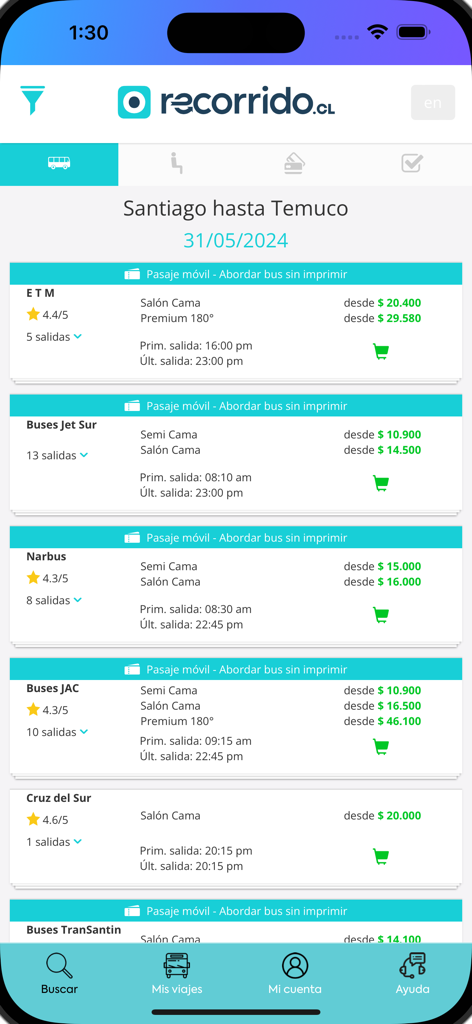 Une liste d'options de voyage en bus de Santiago à Temuco dans l'application Recorrido montrant différentes compagnies, prix et classes de sièges.