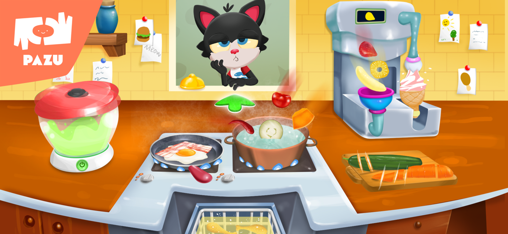 Paw Kitchen Kids Cooking Games - A colorful animated kitchen scene from Paw Kitchen game where various foods are being prepared for a cat character
