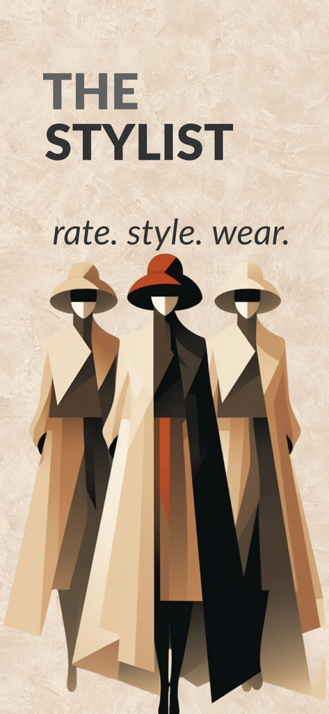 The Stylist - AI Outfit Critic - Gráfico minimalista para la aplicación The Stylist con tres figuras elegantes con abrigos largos y sombreros con el lema 'rate style wear'