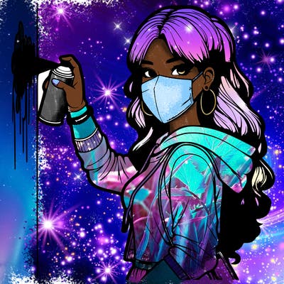 realistic girl with mask spray painting a wall