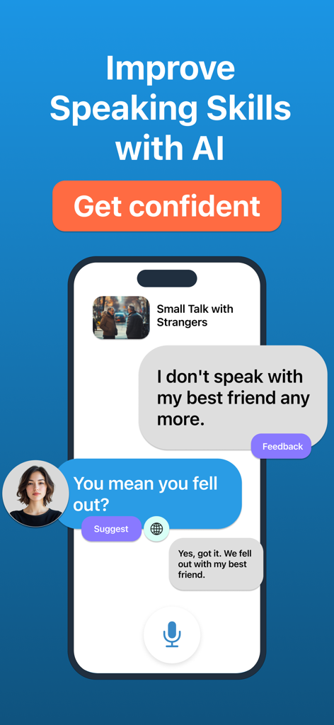 Flowo AI app interface showing a conversational speaking practice session with real time AI feedback