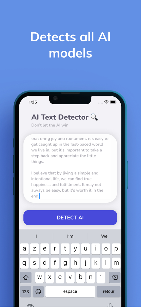 AI Detector & Undetectable AI - A mobile phone displaying the AI Text Detector interface with a text entry area and a Detect AI button.
