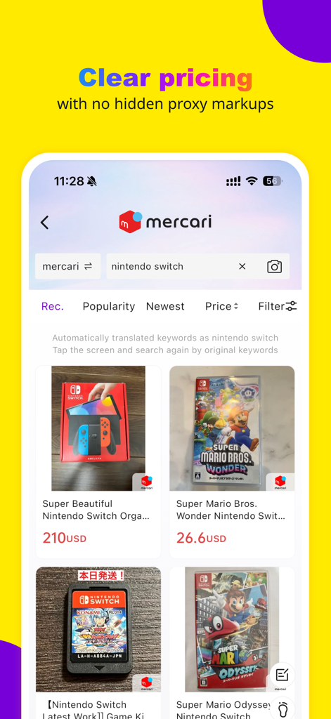 OneMall app displaying Mercari Japan search results for Nintendo Switch with transparent pricing in USD