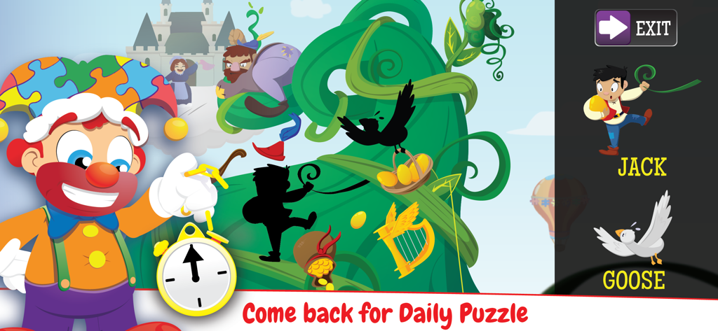 Kids Puzzles Games Puzzingo - Kids learning app screen showing a Jack and the Beanstalk puzzle with character silhouettes and names