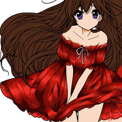 manga girl with long flowing hair and a dress that is pushed down
