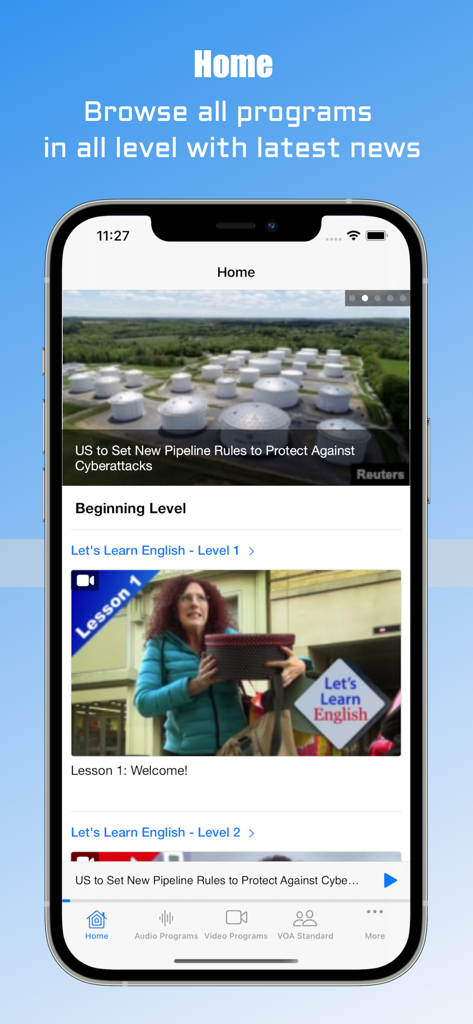 VOA English Learning - L'écran d'accueil de l'application VOA English Learning affichant des articles de presse et des leçons d'anglais d'introduction