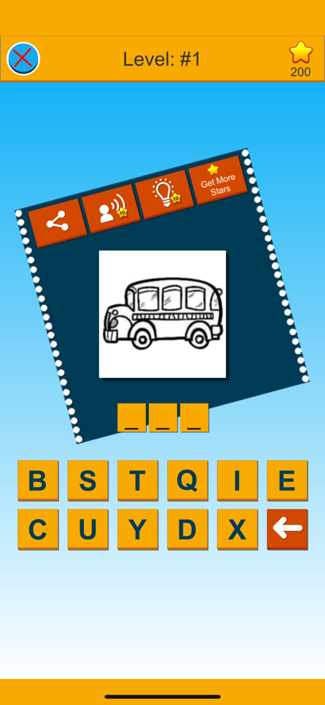 Simple Spelling Game - A screenshot of the Simple Spelling Game interface showing a bus illustration and a letter keyboard for spelling practice