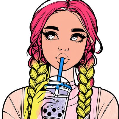 realistic girl with braided hair drinking boba