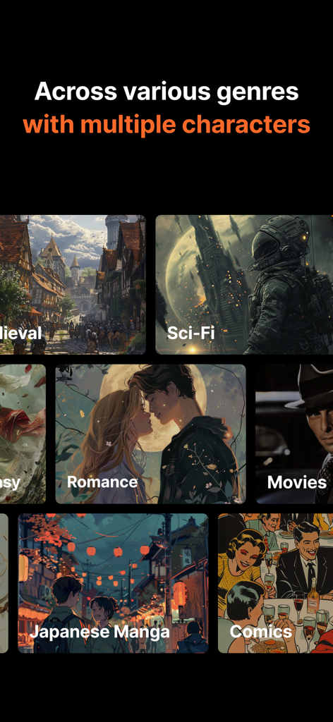 harpy.chat - 다양한 AI 롤플레잉 장르와 캐릭터 유형을 보여주는 harpy chat 앱 스크린샷