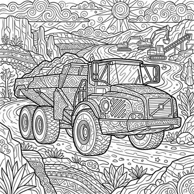 Challenge your artistic skills with this intricate articulated hauler coloring page, specially designed for teens. Dive into a richly detailed mining landscape, filled with heavy machinery and complex patterns awaiting your vibrant touch.
