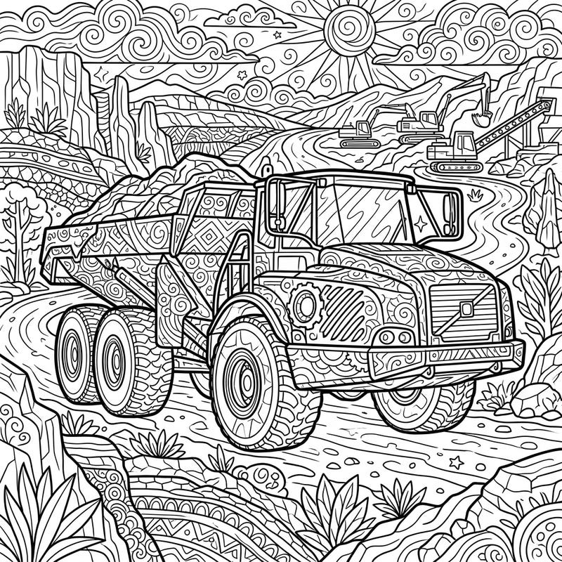 Challenge your artistic skills with this intricate articulated hauler coloring page, specially designed for teens. Dive into a richly detailed mining landscape, filled with heavy machinery and complex patterns awaiting your vibrant touch.