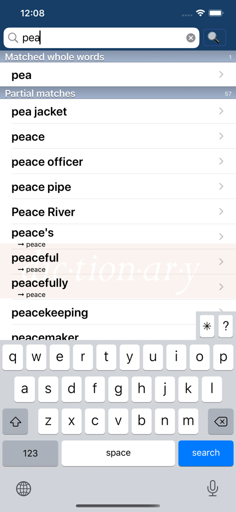 American Heritage® Desk - A search interface in the American Heritage Desk app displaying word matches for the prefix pea.