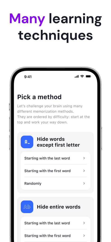 MemoCoach app screen showing different memorization methods like hiding words or letters to practice active recall