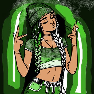 realistic teenage girl with braids and a beanie and crop top doing 🫶🏼